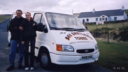 Donna and Manuel with the tour bus at Skaw, Unst.